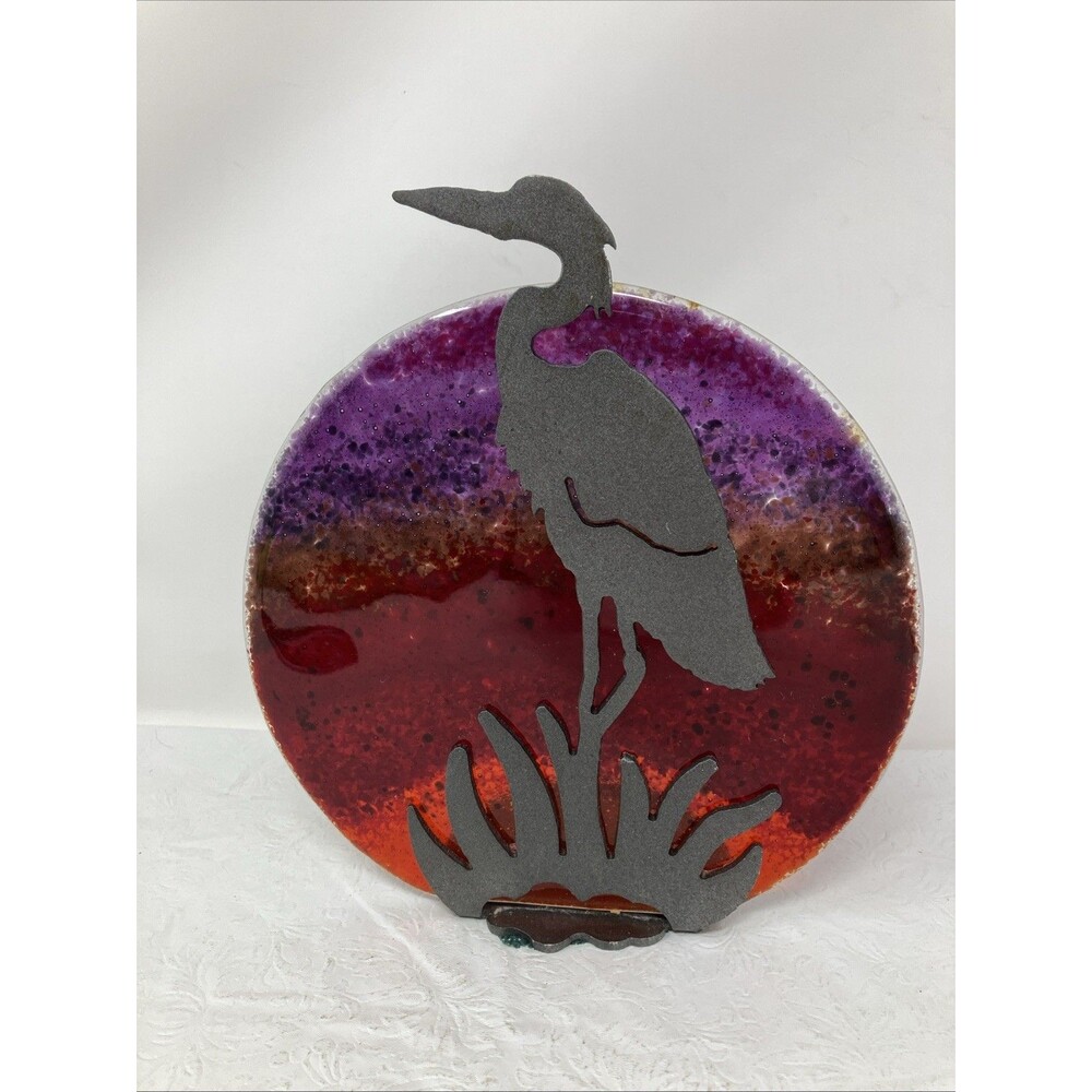 Heron Bird Etched Metal w Red Glass Bookend or Candle Stand